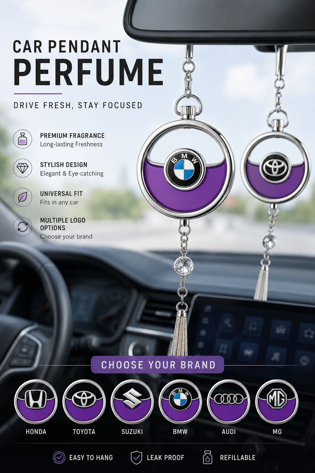 Car pendant perfume diffuser hanging in car with brand logo choices